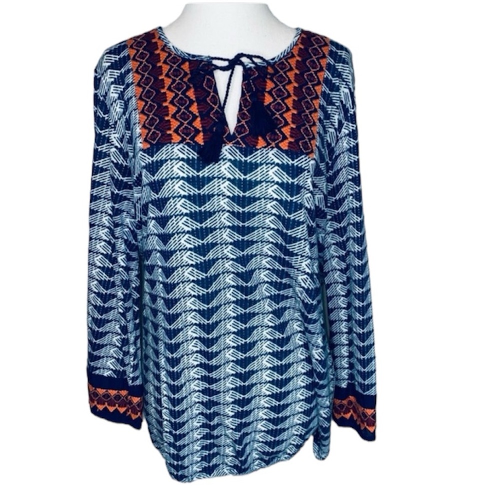 Lucky Brand boho embroidered tassel tie neck top, size large